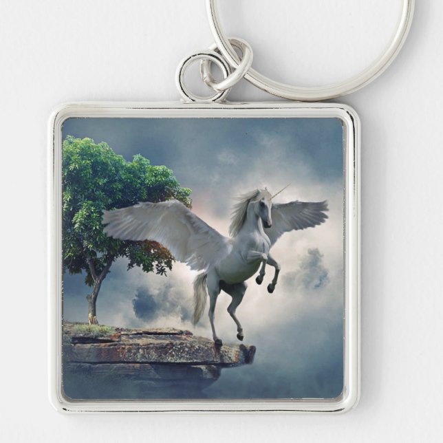 Pegasus Fyrkantig Silverfärgad Nyckelring (Framsidan)