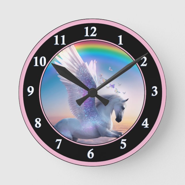 Pegasus med regnbåge rund klocka (Framsida)