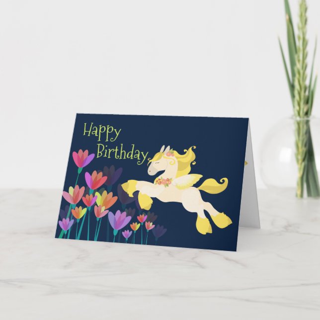 Pegasus och färgglada blommor Flygande häst födels Kort (Framsida)
