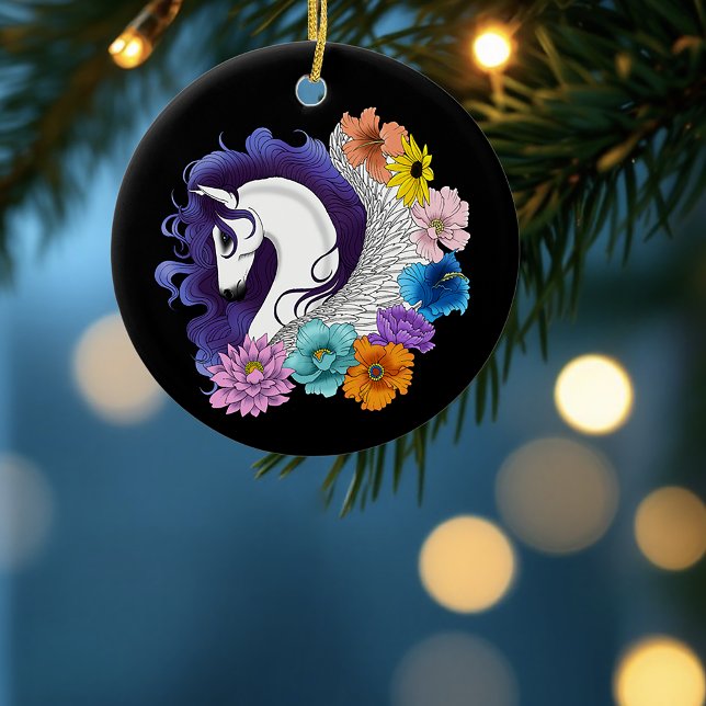 Pegasus Svart Blommig Julgransprydnad Keramik (Skapare uppladdad)