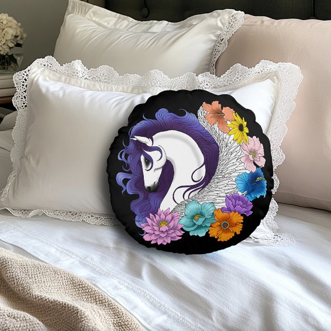 Pegasus Svart Blommig Rund Kudde (Skapare uppladdad)