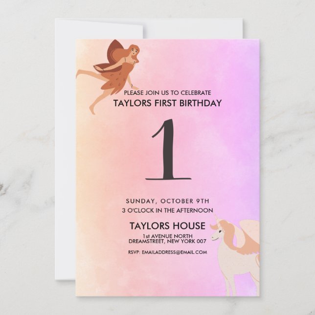 Pegasus Unicorn Cute 1:a födelsedagen Party Inbjudningar (Framsida)