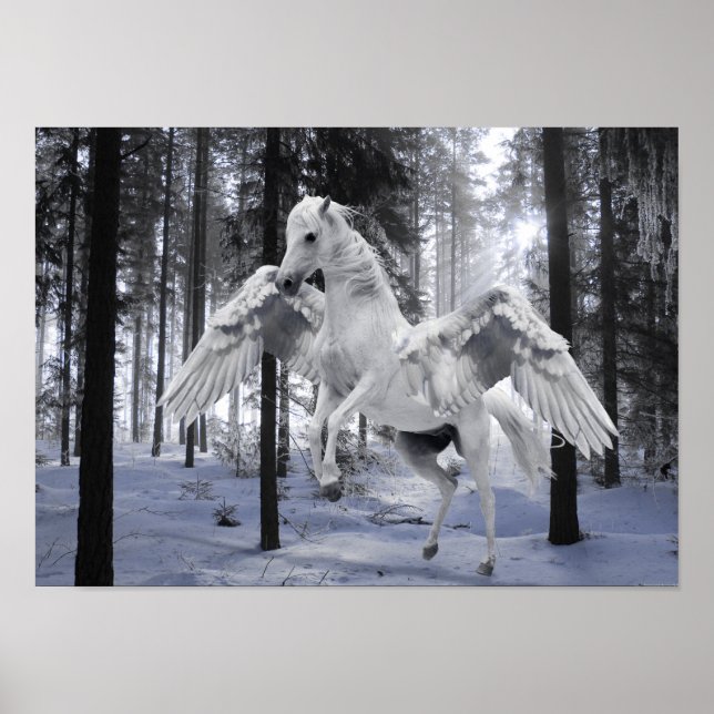 Pegasus Winged Flies Horse Forest Snö Poster (Framsidan)