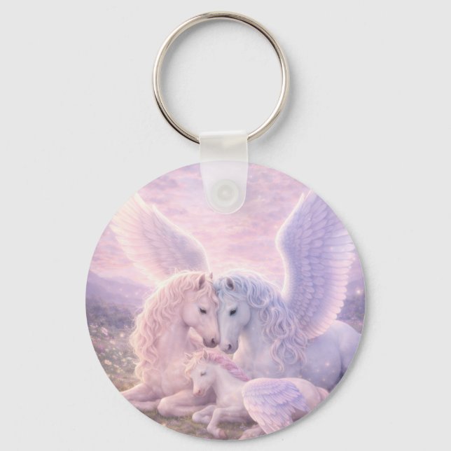 Pegasusfamilj – Mjuk Pastell Fantasy Canvas Art Nyckelring (Framsida)