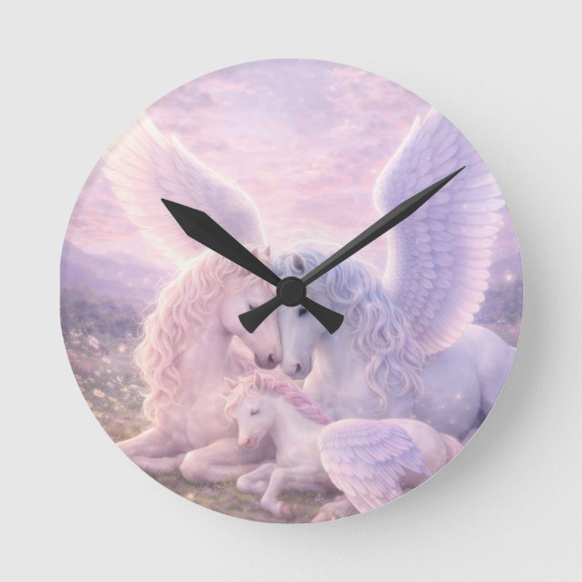 Pegasusfamilj – Mjuk Pastell Fantasy Canvas Art Rund Klocka (Framsida)