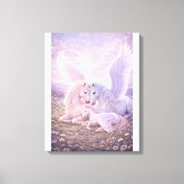 Pegasusfamilj – Mjuk Pastell Fantasy Canvas Konst (Framsida)