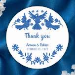 PEGATINA REDONDA AZUL OTOMI MEXICAN GRACIAS RUNT KLISTERMÄRKE<br><div class="desc">Hermosos patrones otomíes mexicanos de Boda en tonos azules,  flores y pájaros lindos</div>