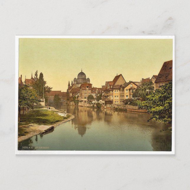 Pegnitz-stranden och synagogue, Nürnberg, Bavari Vykort (Framsida)