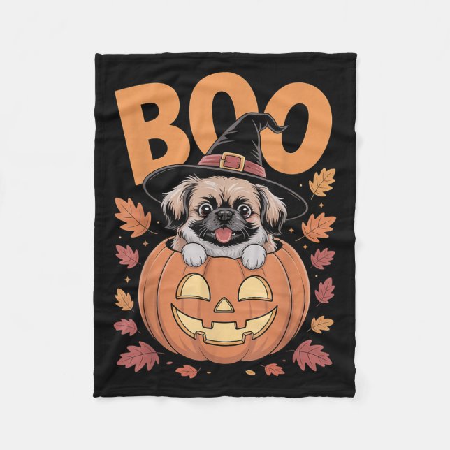 Peke Costume On Pumpkin Halloween Pekingese  Fleecefilt (Framsidan)