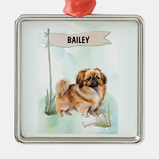 Pekinese Watercolor Personalized Dog Julgransprydnad Metall (Framsidan)