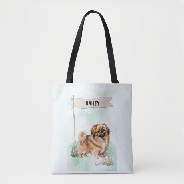 Pekinese Watercolor Personalized Dog Tygkasse (Framsida)