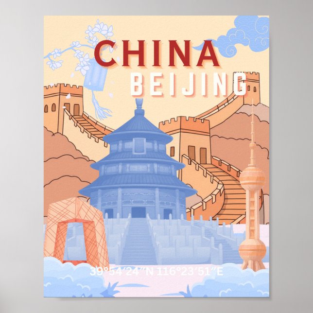 Peking Kina Resa Poster | Pastellblå & Persika  (Framsidan)