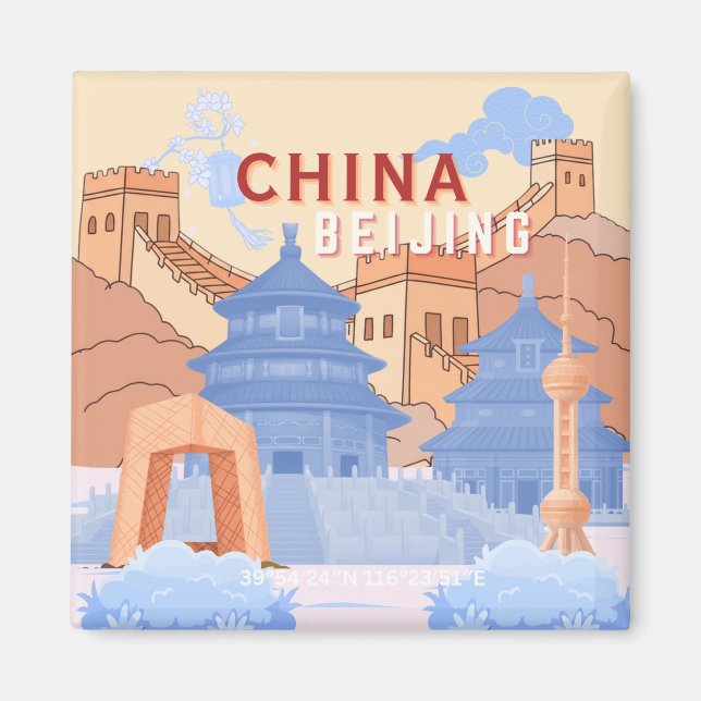 Peking Kina Resa Poster | Pastellblå & Persika Magnet (Framsidan)
