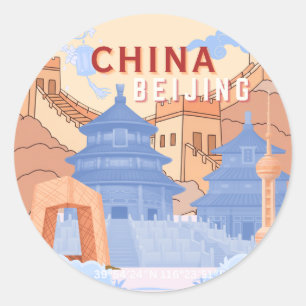 Peking Kina Resa Poster Pastellblå & Persika Runt Klistermärke