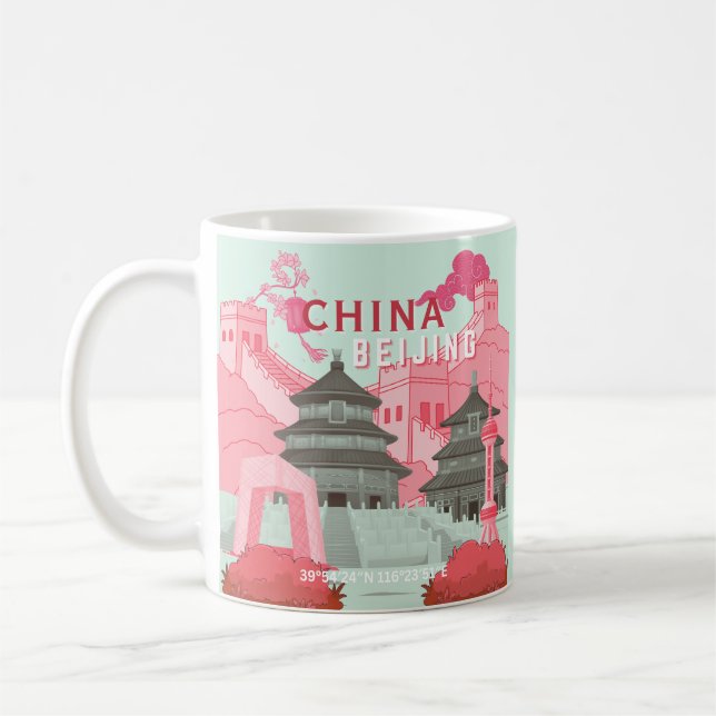 Peking Kina Resaaffisch | Mintgrön, Rosa Konst Kaffemugg (Vänster)