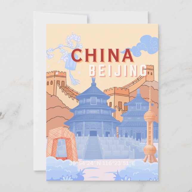 Peking Kina Resaaffisch | Pastellblå & Persika Inbjudningar (Framsida)