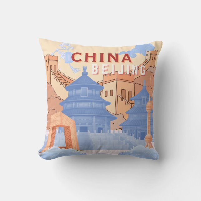 Peking Kina Resaaffisch | Pastellblå & Persika Kudde (Framsida)