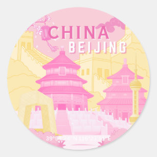 Peking Kina Resaaffisch Rosa & Gul Konst Runt Klistermärke