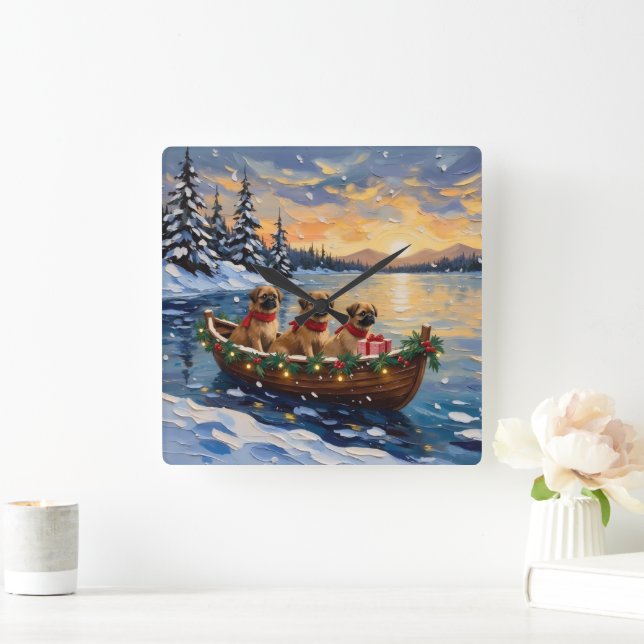 Pekingese Christmas Boat Holiday Fyrkantig Klocka (Hem)