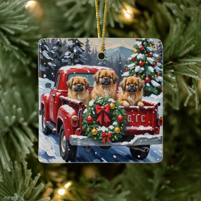 Pekingese Christmas Red Truck Holiday Julgransprydnad Keramik (Träd)