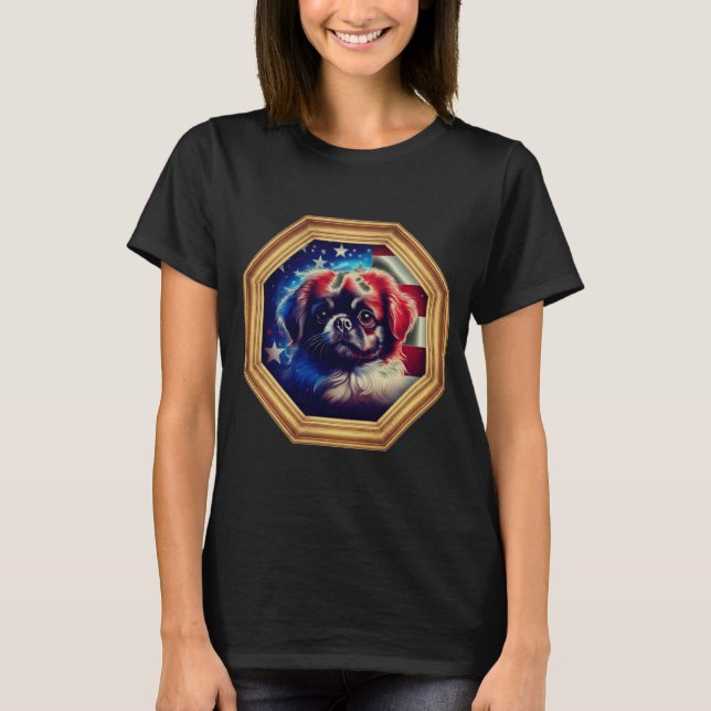 pekingese Dog American Flag Gold Frame T Shirt (Framsida)