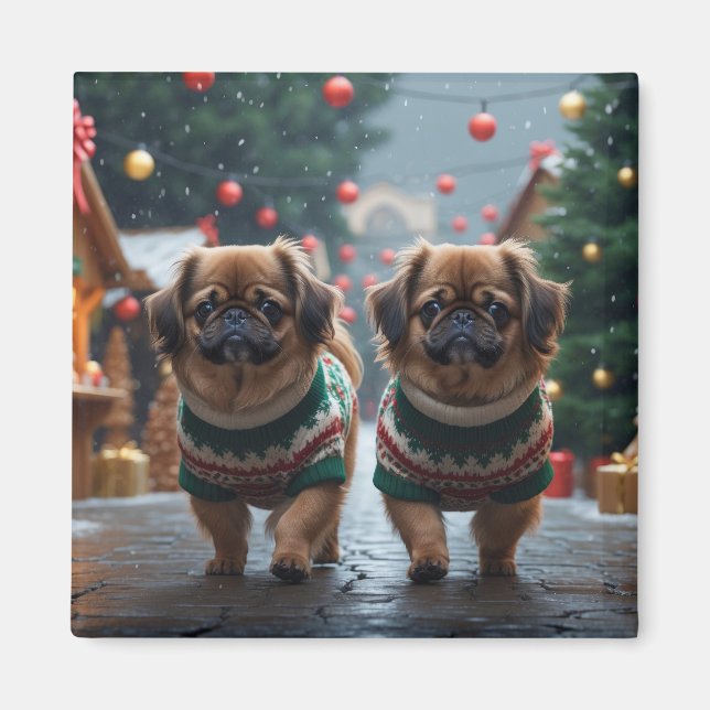Pekingese Dogs Christmas Snow Holiday Magnet (Framsidan)