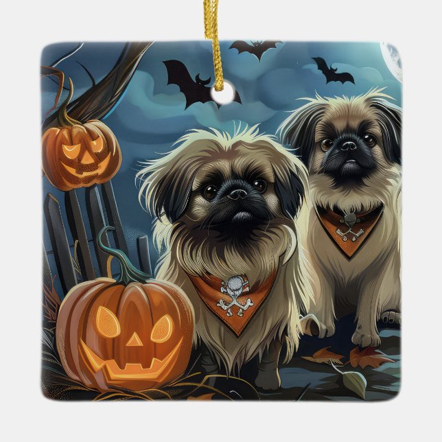 Pekingese Halloween Spooky Julgransprydnad Keramik (Framsida)