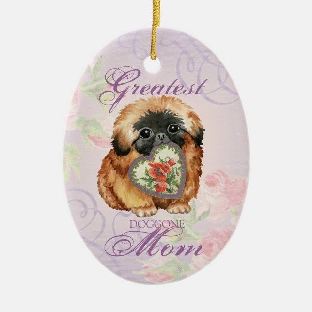 Pekingese Heart Mamma Julgransprydnad Keramik (Framsidan)