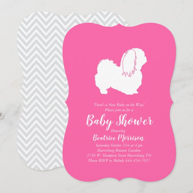 Pekingese Hund Baby Shower Girl Rosa Inbjudningar (Fram/baksida)