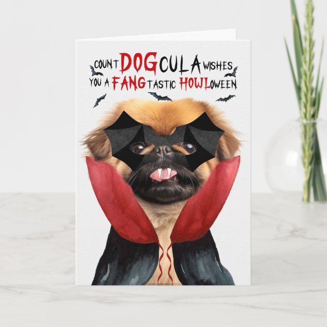Pekingese Hund Funny Count DOGcula Halloween Helgkort (Framsida)