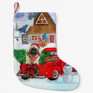 Pekingese Hund i julleverans Lastbil Snö Liten Julstrumpa