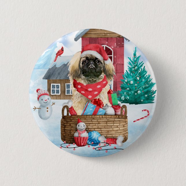 Pekingese Hund i snö julhus Hund Knapp (Framsida)
