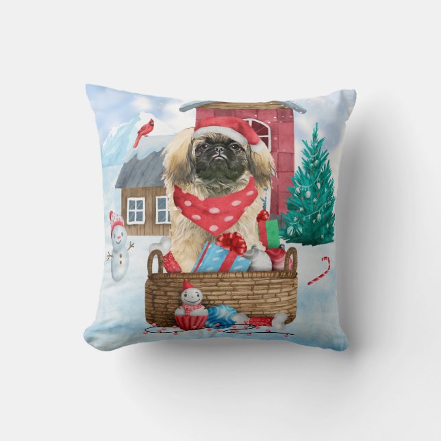 Pekingese Hund i snö julhus Hund Kudde (Framsida)