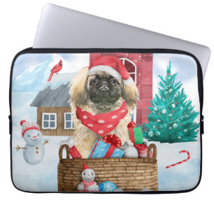 Pekingese Hund i snö julhus Hund Laptop Fodral