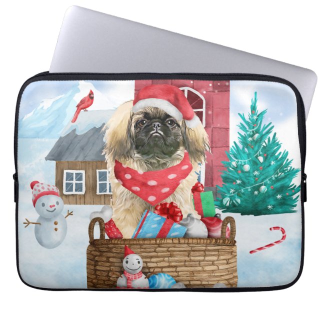 Pekingese Hund i snö julhus Hund Laptop Fodral (Framsidan)