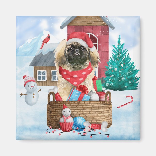 Pekingese Hund i snö julhus Hund Magnet (Framsidan)