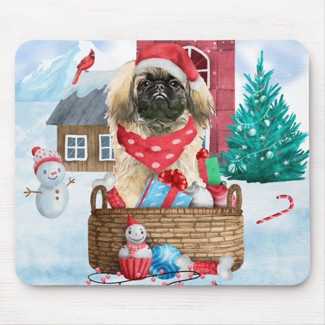 Pekingese Hund i snö julhus Hund Musmatta (Framsidan)