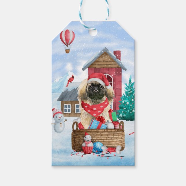 Pekingese Hund i snö julhus Hund Presentetikett (Framsidan)