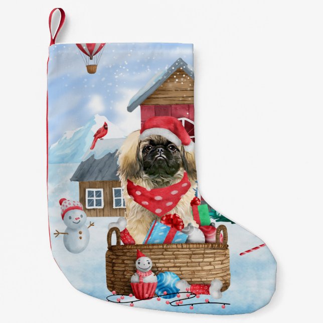 Pekingese Hund I snö julhus Hund Thi Pi Liten Julstrumpa (Framsidan)