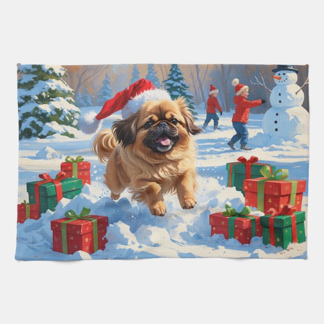 Pekingese Hund i Snö med julklapp Kökshandduk (Horisontell)