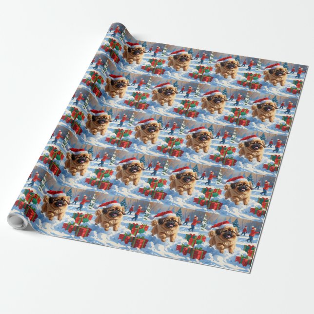 Pekingese Hund i Snö med julklapp Presentpapper (Utrullad)