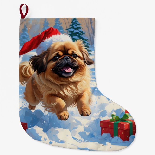 Pekingese Hund i Snö med julklapp Stor Julstrumpa (Framsidan)