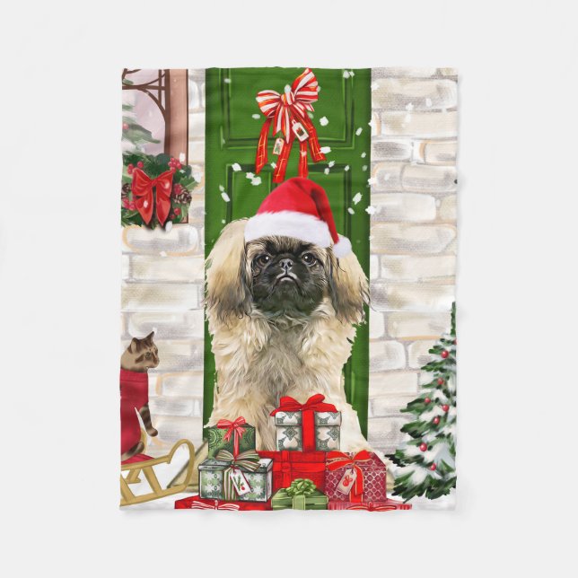Pekingese Hund jul Fleecefilt (Framsidan)