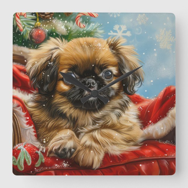Pekingese Hund jul Fyrkantig Klocka (Framsida)