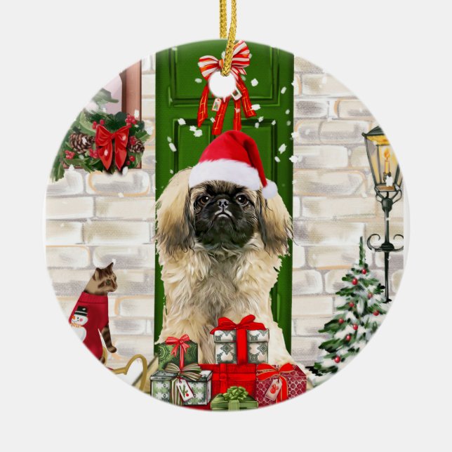 Pekingese Hund jul Julgransprydnad Keramik (Framsidan)