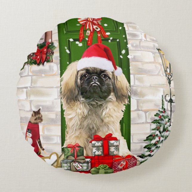 Pekingese Hund jul Rund Kudde (Framsidan)