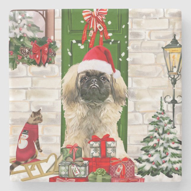 Pekingese Hund jul Stenunderlägg (Framsidan)