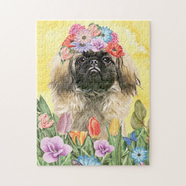 Pekingese Hund med blommorna Vår Pussel (Vertikal)
