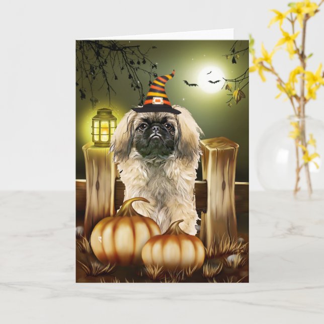 Pekingese Hund med Witch Hat Halloween Kort (Gul blomma)
