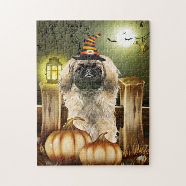 Pekingese Hund med Witch Hat Pussel (Vertikal)